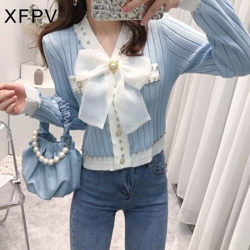 XFPV 2021 New Spring And Autumn Fashion Casual Knitted Shirt With Diamond Pearl Bow Shirt Long Sleeve Top SL909