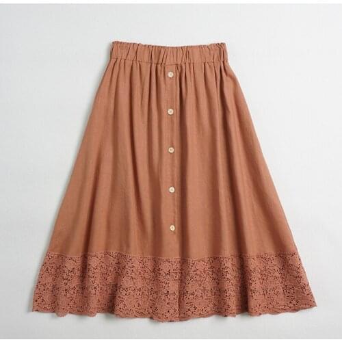 Japan Style Cotton linen Solid Color Embroidery Big Hem Skirt Literature Mid-length Elastic Waist Skirt