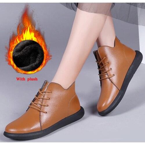 Winter Genuine Leather Women Ankle Shoes Boots Ladies Wedges Warm Plush Lace-up Short Boots Fur Botas Mujer Female Fashion New