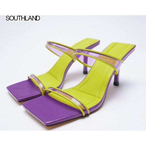 SOUTHLAND Womans Slippers Luxury Slides Heeled Mules Sandals 2021 Designer High Beige Thin Soft Slip-On Rubber PU Fashion