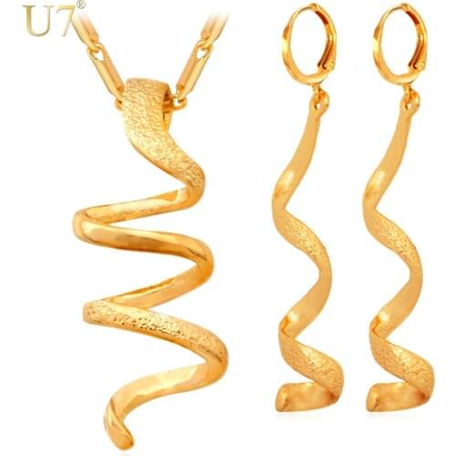 U7 Unique Design Long Helix Spiral Jewelry Sets For Women Fashion Gold Color Pendant Necklace And Drop Earrings Set Gift S433