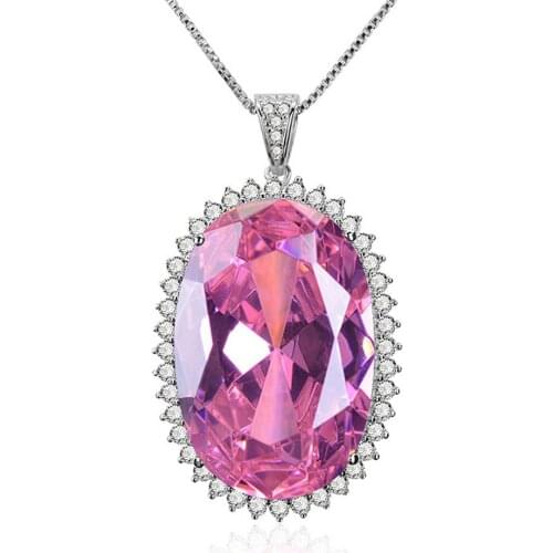Big luxury oval pink crystal zircon diamond gemstones pendant necklaces for women white gold silver jewelry precious bijoux gift