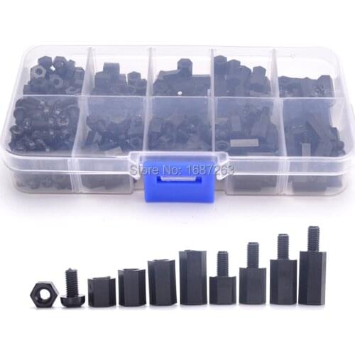 300pcs M3 Nylon Black M-F Hex Spacers Screw Nut Assortment Kit Stand-off Set for RC Quadcopter