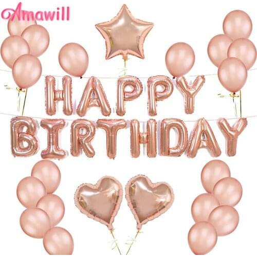 Amawill 24pcs/lot 16" Happy Birthday Banner 12" Rose Gold Balloon 18inch Star Heart Foil Balloons for Birthday Decoration 75D