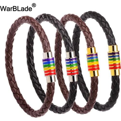 WarBLade 2018 New Genuine Braided Leather Bracelets Bangles Men Women Rainbow Colorful Stainless Steel Magnetic Clasp Jewelry