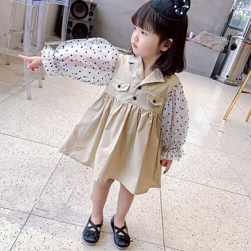 Spring Autumn Lapel Kids Clothes Girls Dress Fashion Polka Dot Puff Sleeve Stitching Princess Dress Casual Girl Clothes