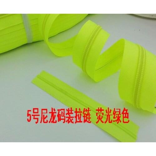 Fluorescence green5#nylon zippers/close-end coil reversible for bags/garment/home textile/shoes/10M zip and 5PCS zip sliders