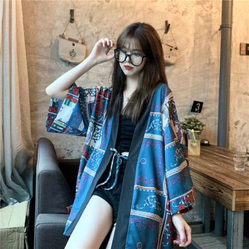 Geskeey Japanese Style Vintage Floral Patchwork Print Lady Kimono Cardigan Summer Beach Frenulum Yukata Fashion Loose Top Shirt