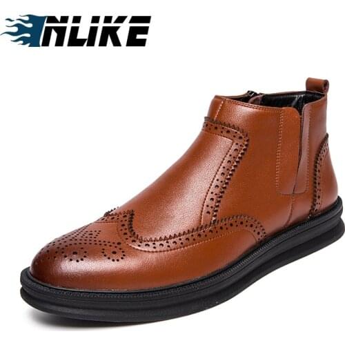 INLIKE Hot Sale Boots Men Warmest Leather Boots Handmade Outdoor Winter Working Boots Brogue Boots