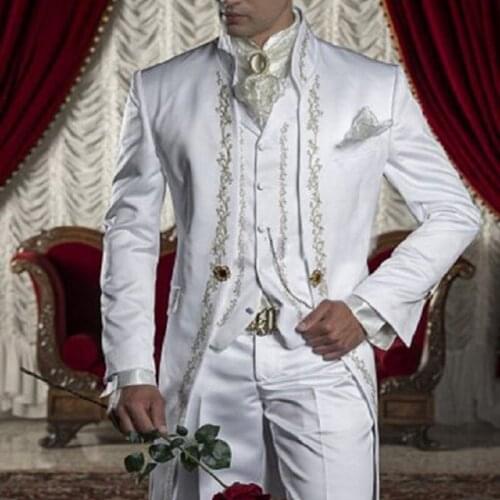 Gwenhwyfar 2018 Male White Black Blue Brown Embroidered Prom Dress Suits Stage Singer Costume Homme Mens Suits With Pants Vest