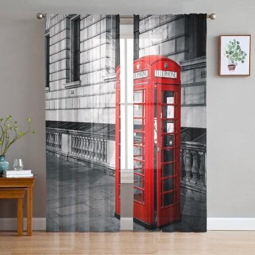 Street Building Red Telephone Booth Voile Tulle Sheer Curtains for Bedroom Living Room Kitchen Decor Chiffon Windows Curtain