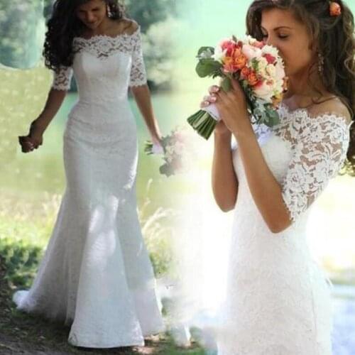 Lace Mermaid Half Sleeve Wedding Dresses 2020 Off Shoulder Floor Length Wedding Gowns Country Style Bride Dress