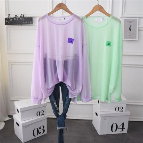 Summer Women Thin See Through Oversized Tee Tunic Top Long Sleeve Plain Crewneck Loose Casual T Shirt Plus Size