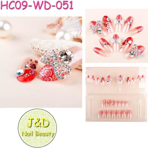 12boxes 3D Full Cover Colored Rhinestones Nail Art Tips Hollow Bowknot Stone Red False Tip Wedding Artifical Tip Pearl Charm #51