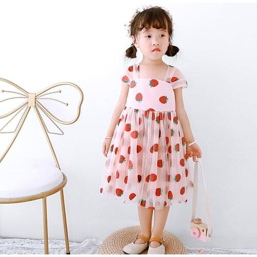 Toddler Girls Dress Fashion Strawberry Print Mesh Princess Dress Kids Clothing Baby Suspenders Dresses 1 2 3 4 5 6 Years Summer