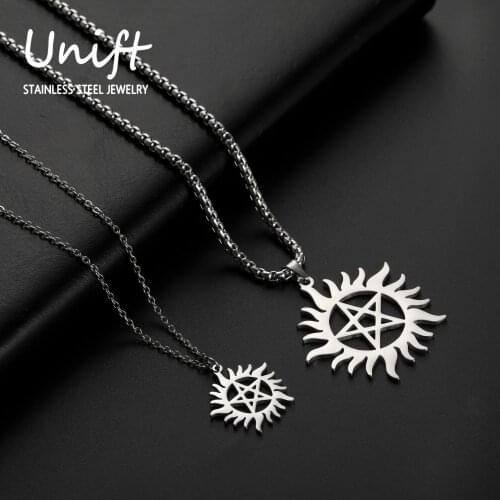 Unift Vintage Punk Stainless Steel Gear Pendant Sun Unisex Necklaces Supernatural Pentagram Amulet Wicca Witchcraft Jewelry Gift
