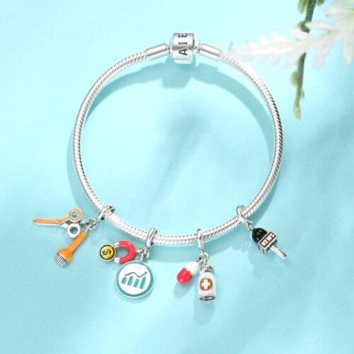 Trend 2021 Silver 925 Charms Microphone scissors money Fine Beads Pendant fits Original Pan Bracelet Bangles unique Jewelry