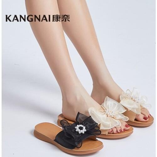KANGNAI Slippers Women Cow Leather Open Toe Outside Slides Butterfly-knot Flats Casual Lady Summer Beach Shoes