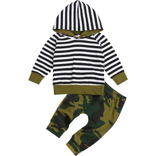 0-12M Newborn Baby Boy Long Sleeve Striped Hooded Sweatshirt Tops Camouflage Long Pant Trouser 2PCS Baby Clothing Set