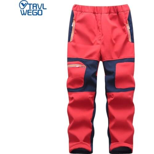 TRVLWEGO Boys Girls Hiking Pants Kids Winter Warm Children Waterproof Fleece Softshell Color stitching Trousers For Ski Trekking