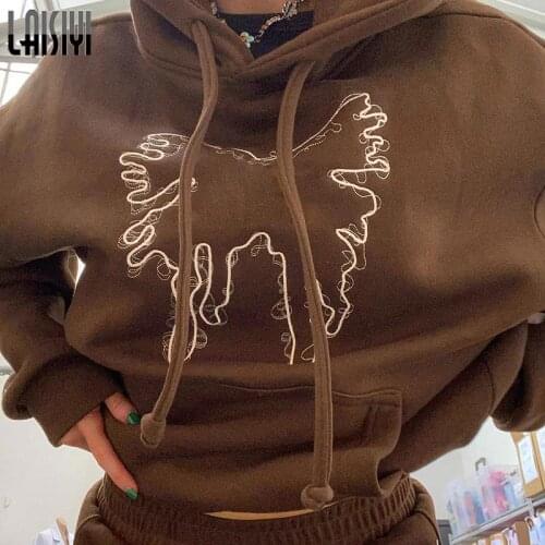 Vintage Brown Harajuku Hoodies 2021 Women Butterfly Graphic Korean Sweatshirts Front Pocket Casual Oversize Pullovers