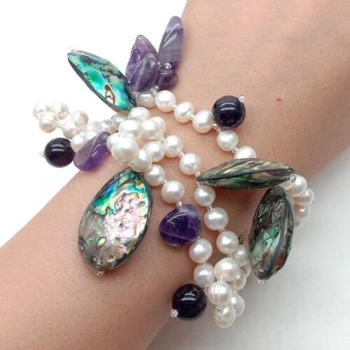 YYGEM 3 Strands Abalone Shell natural White Round Freshwater Pearl Amethyst strand Bracelet 8" Magnet clasp