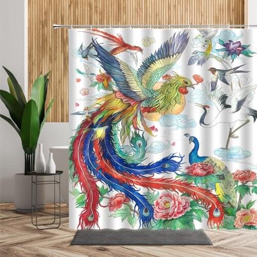 Color Peacocks Shower Curtain Phoenix Flying Crane Auspicious Clouds Home Decor Hanging Cloth Waterproof Bath Curtains With Hook