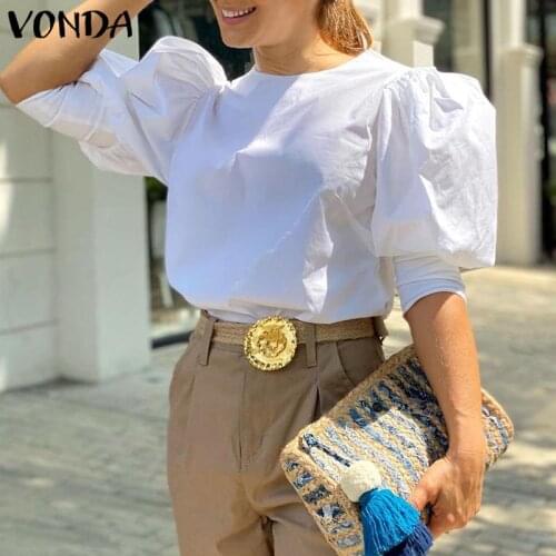 Women Blouse Tops 2021 VONDA Female Shirts Casual Half Sleeve Crew Neck Puff Sleeves Pleated Shirts Blusas Femininas Oversized