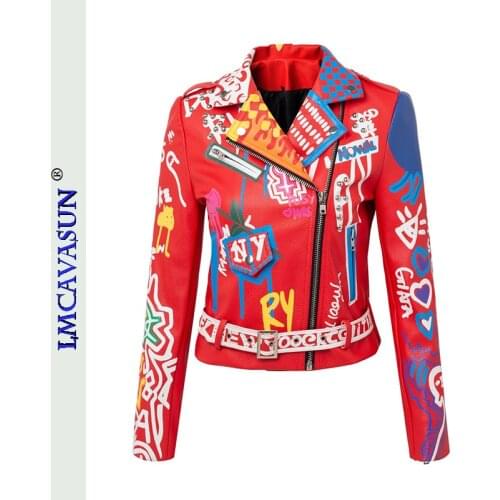 2021 Spring New Female Rivet Graffiti Leather Jacket Lapel Full Sleeve Fashion Jacket With Belt Punk Style Red Outerwear 6980