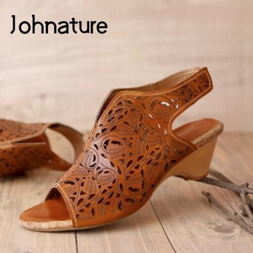 Johnature Retro Women Sandals Genuine Leather 2021 New Summer Women Shoes Sewing Hook & Loop Casual Hollow Ladies Sandals