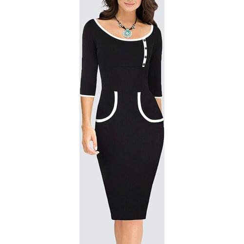 Women Casual Sheath Bodycon Work Pencil Black Dress Formal Patchwork Business Office Dress H623