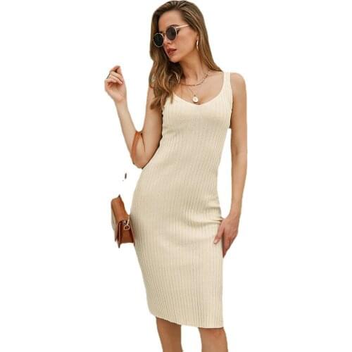 Spaghetti Strap Summer Dress Hem Split Thin Knitted Dresses for Women High Waist Sexy Sheath Bodycon Party Dress T2354