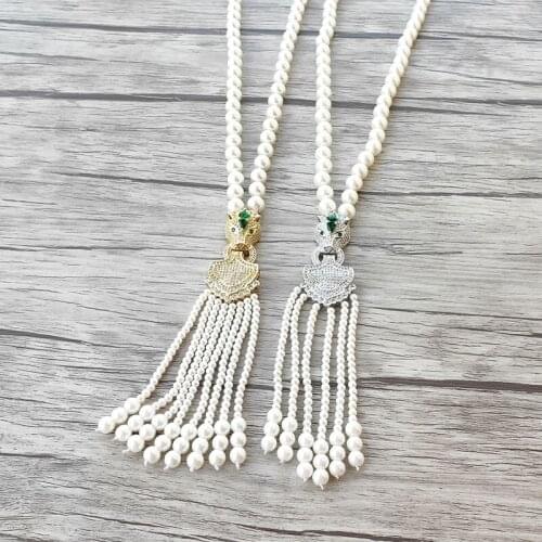 1Pcs Leopard head Green charm Pendant CZ Micro pave,Natural Shell Pearl Beads Chain tassels Women Fashion Jewelry Necklace NK514