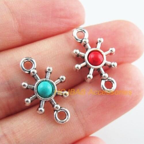 18Pcs Retro Tibetan Silver Tone Sun Flower Blue&Red Stone Charms Connectors 13.5x21mm