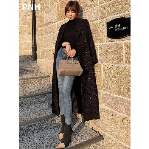 Black Woolen Overcoat Womens Tall Super Long Autumn Winter 2021 New Popular Shiny Thickened Fabric