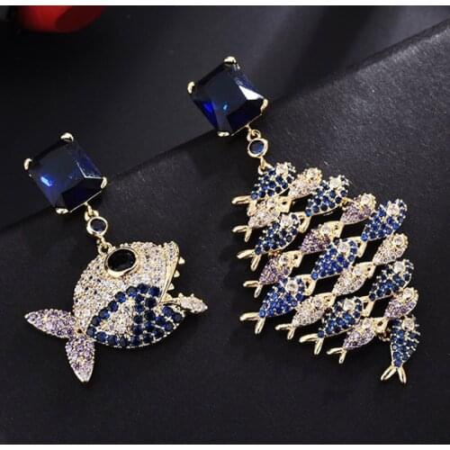 Zlxgirl jewelry statement gold fish shape copper earring jewelry for wedding accessory metal color pave cubic zircon earrings