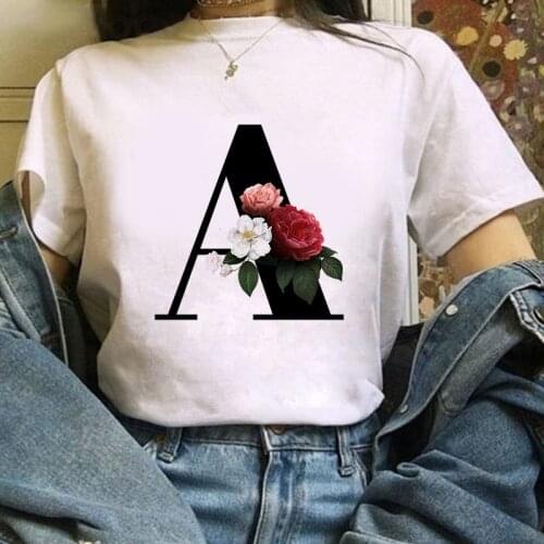 T shirt 26 Alphabet Letter With Flowerswomen T-shirt Harajuku Casual White Tops Tees Women Summer Casual Female T-Shirt