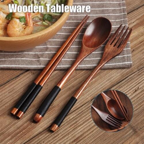 HOT 3pcs/set Portable Tableware Multifunction Wooden Cutlery Fork Spoon Chopsticks Indoor Outdoor Tableware Set