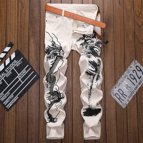 Spring and Autumn New Chinese Style Printed Men Jeans Korean Slim Stretch Casual Jeans Male Straight Denim Pants