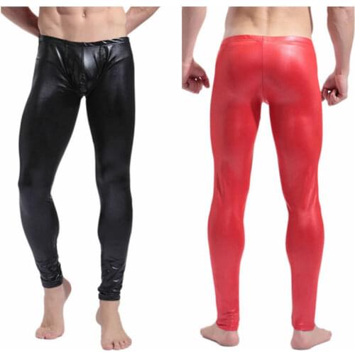 Mens Sexy Skinny Faux Leather Long Pants Trousers Shiny Slim Tight Leggings Clubwear Trousers Mens PU Leather Black Long Pants