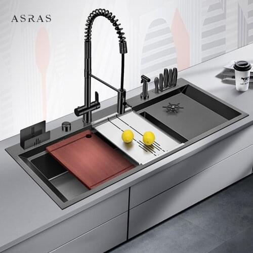 Nanometer Black Large Size Single Cup Rinser Kitchen Sink 4mm Thickness 220mm Depth Drain Plate Handmade Kitchen Sinks