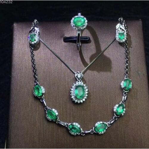 Natural Emerald jewelry set Natural Real Emerald 925 sterling silver 1pc pendant,1pc ring ,2pcs Earring