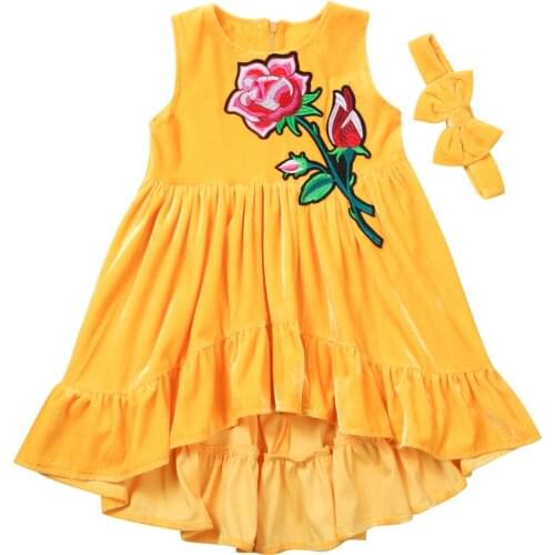 2018 new summer sweet Baby Girls Kids Embroidery Floral ruffles Party long Dress Velvet yellow Dresses+bowknot Headband Outfits