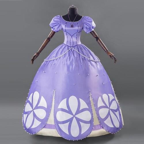 Princess Sofia Dress Girls Sophia Cosplay Costume Adult Women Layerd Dress Halloween Party Fancy Costumes Free Crown Necklace