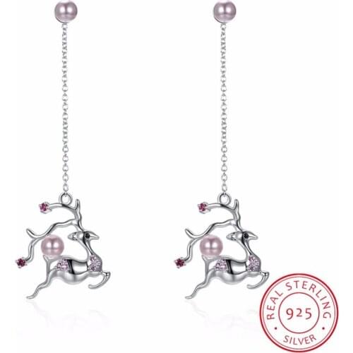 Christmas gift 925 Sterling Silver Pearl long drop earring for women Sika deer Crystals From Swarovski Silver fine jewelry love