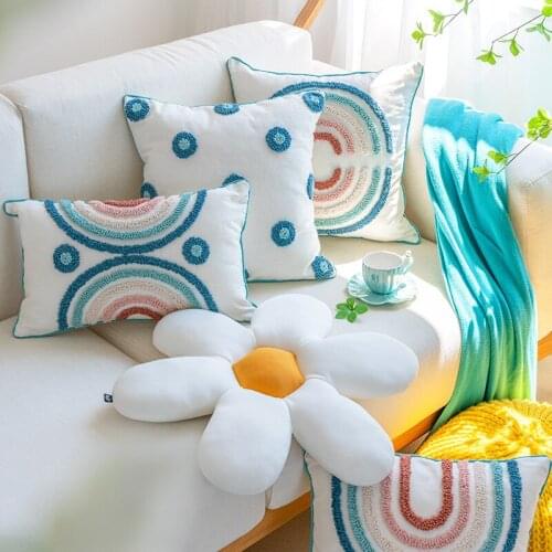 Blue White Cushion Cover Flower Pillowcase 45x45cm Circle Embroidery Home Decor Couch Pillow Bed Chair Bedroom Throw Pillow