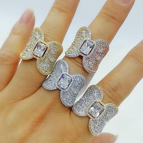 KellyBola Gorgeous Luxury Big Imitation Flower Bold Stackable Rings with Zircon Stones Women Bridal Wedding Party Jewelry