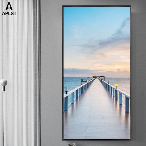 Sunrise Sea Ocean Canvas Prints Marina Wood Bridge Wall Mural Posters Modern Large Picture for Living Room Lobby Decors