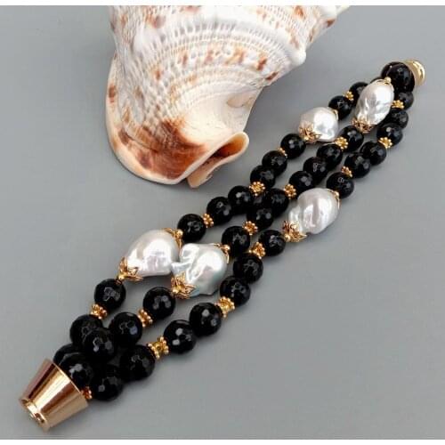 YYGEM 3 Strands Black Onyx Faceted Beads Cultured White reborn Keshi Pearl statement Bracelet 8.5"