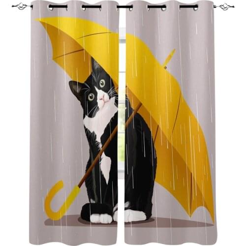 Yellow Umbrella Cat Window Treatments Curtains Valance Window Curtains Dark Curtains Bedroom Kitchen Outdoor Drapes Decor Window